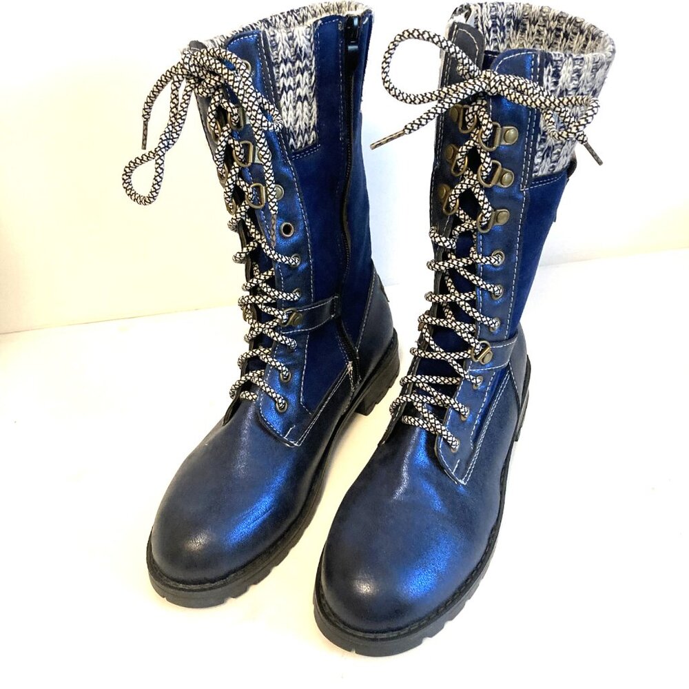Retro Inspired Lace-up Moto/ Knight-Style Boots/Size 10/Blue & Gray